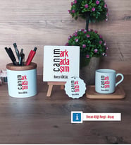 Arkadaşa Hediye Hediye Seti Dekoratif Taş, Kalemlik, Ahşap Altlıklı Türk Kahvesi Fincanı, Ahşap Anahtarlık Hediye (Model 1)