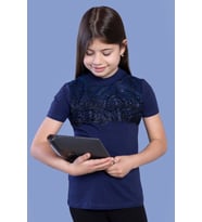 Toontoy Kız Çocuk Önü Çiçek Dantelli T-Shirt (Lacivert)