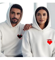 Sevgililer Günü Kombin Erkek Kadın Melek Şeytan Görselli Kapüşonlu Hoodie Sweatshirt 7018 (Beyaz)