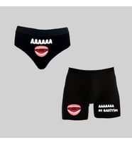 Kutulu Ağız Tasarımlı Eğlenceli Kadın Külot Ve Erkek Boxer İkili Set (Siyah)