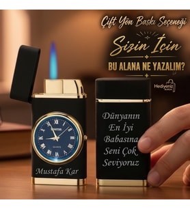Kişiye Özel Turbo Jet Işıklı Saatli Çakmak Çift Yön Baskı (Siyah)