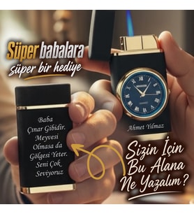Kişiye Özel Turbo Jet Işıklı Saatli Çakmak Çift Yön Baskı (Siyah)