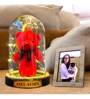 Kişiye Özel Fotoğraflı ve İsimli Hediye Seti, Renkli Peluş ve Led Işıklı Fanus HA1 (Kırmızı)