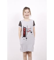 Toontoy Kız Çocuk Forever Pul Nakışlı Kol Fileli Elbise ( Gri-Melanj)