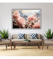 Metal Çerçeveli Yatay Cam Tablo Pastel Soft Pembe Hint Lotusu (Gümüş)