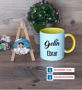 Gelin Kupa Bardak Beyaz ve Fotoğraflı Ahşap Anahtarlık Hediye (Model 7)