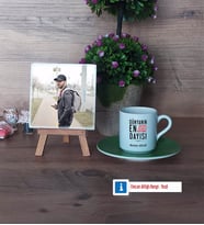Dayıya Hediye Fotoğraflı Dekoratif Taş, Ahşap Altlıklı Türk Kahvesi Fincanı Hediye (Model 9)
