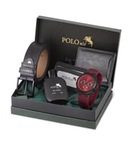POLO AİR Erkek Set Kombin Kemer Cüzdan Karlık Parfüm Kauçuk Kol Saati Hediyelik Kutusunda Set PL-0973E (Siyah-Bordo)