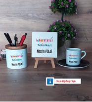 Laboratuvar Teknikeri Hediye Seti Dekoratif Taş, Kalemlik, Ahşap Altlıklı Türk Kahvesi Fincanı Hediye (Model 7)