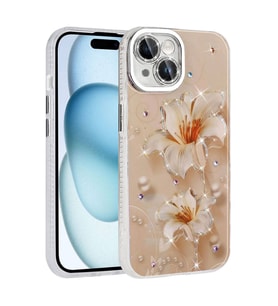 iPhone 15 Kılıf Çiçek Desenli Parlak Taşlı Sert Silikon Garden Kılıf (Açık Pembe)