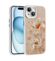 iPhone 15 Kılıf Çiçek Desenli Parlak Taşlı Sert Silikon Garden Kılıf (Açık Pembe)