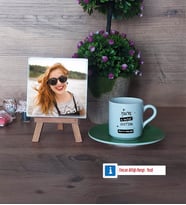 Arkadaşa Hediye Fotoğraflı Dekoratif Taş, Ahşap Altlıklı Türk Kahvesi Fincanı Hediye Doğum Günü Hediyesi (Model 9)