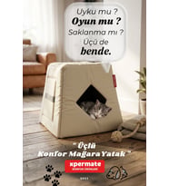 Kedi Evi Kedi Yuvası 3 Fonksiyonlu Kedi Mağarası Küçük Irk Köpek Evi (Bej)