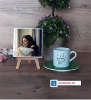 Doğum Günü Hediyesi Fotoğraflı Dekoratif Taş, Ahşap Altlıklı Türk Kahvesi Fincanı Hediye (Model 9)