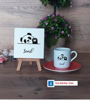 Sevimli Panda Dekoratif Taş, Türk Kahvesi Fincanı Kırmızı İsme Özel Hediye (Model 6)