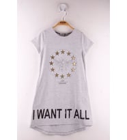 Toontoy Kız Çocuk  I Want It All Baskılı Elbise ( Gri-Melanj)