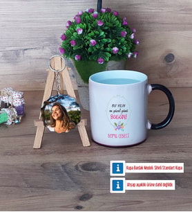 Doğum Günü Hediyesi Kupa Bardak Beyaz ve Fotoğraflı Ahşap Anahtarlık Hediye (Model 9)