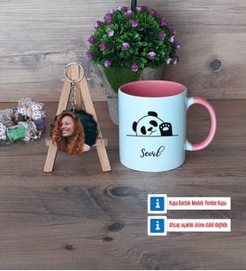 Sevimli Panda Kupa Bardak Beyaz ve Fotoğraflı Ahşap Anahtarlık Hediye (Model 6)