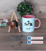 Sevimli Panda Kupa Bardak Beyaz ve Fotoğraflı Ahşap Anahtarlık Hediye (Model 6)