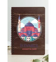 İstanbul Ayasofya Camii Şehir Tasarım Ahşap Kapaklı Özel Defter Kraft Kâğıt (Gri - Siyah - Beyaz)