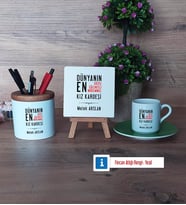 Kız Kardeş Hediye Seti Dekoratif Taş, Kalemlik, Ahşap Altlıklı Türk Kahvesi Fincanı Hediye (Model 9)