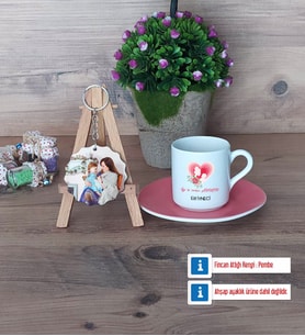 Anneye Doğum Günü Hediyesi Türk Kahvesi Fincanı Ahşap Altlıklı ve Fotoğraflı Ahşap Anahtarlık Hediye (Model 6)