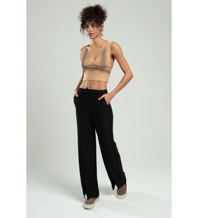 Sifu Tekstil Kadın Özel Sprey Boyamalı V Yakalı Spor Triko Atlet Büstiyer Crop Top Bluz SFYZ1013 (Bej)