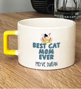 Kişiye Özel Best Cat Mom Ever Hediye Lüks Fincan En İyi Kedi Annesi (Sarı)