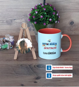Sosyal Bilgiler Öğretmeni Kupa Bardak Beyaz ve Fotoğraflı Ahşap Anahtarlık Hediye Öğretmenler Günü Hediyesi (Model 13)