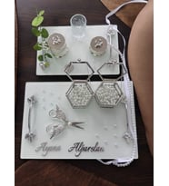 Adore Gümüş Beyaz İncili Söz Tepsisi Nişan Tepsisi ve Damat Kahve Fincan Tepsisi (Beyaz)