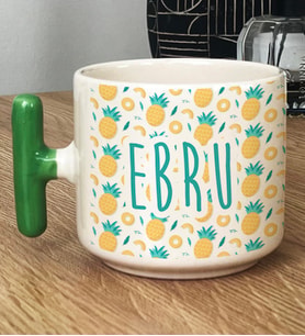 Kişiye Özel İsim Yazılı Hediye T Kupa Bardak Ananas Desenli Meyveli (Yeşil)