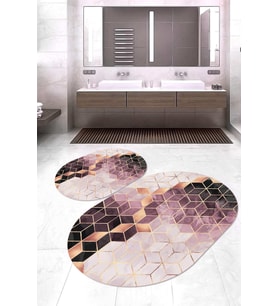 Dijital Baskılı Kaymaz Taban Yıkanabilir Oval 2'li Klozet Takımı Banyo Paspası NOKZ-HT-322 (Pembe)