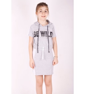 Toontoy Kız Çocuk Kapüşonlu BE WILD Baskılı Etekli Takım ( Gri-Melanj)