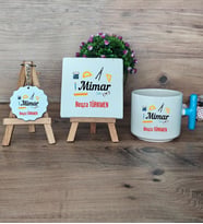 Mimar Hediye Seti Kupa Bardak T Kulplu, Dekoratif Taş, Anahtarlık Mimarlar Günü Hediyesi (Model 3)