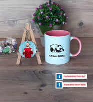 Uykucu Panda Kupa Bardak Beyaz ve Fotoğraflı Ahşap Anahtarlık Hediye (Model 6)