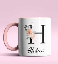 Kişiye Özel H Harfi Temalı Gül Tasarım Siyah Renk Kupa (Pembe)