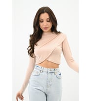 Kadın Dik yaka Drapeli Kapaklı Crop Bluz 1655-24 (Bej)