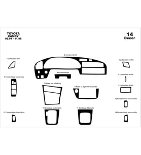 Meriç® Toyota Camry Ön Torpido Kaplama Maun 14 Parça 1991-1997 (Piano Black)