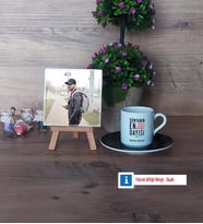 Dayıya Hediye Fotoğraflı Dekoratif Taş, Ahşap Altlıklı Türk Kahvesi Fincanı Hediye (Model 7)