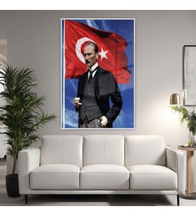 Metal Çerçeveli Temperli Cam Tablo Türk Bayrağı ve Kemal Atatürk (Gümüş)