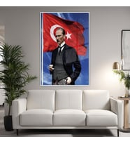Metal Çerçeveli Temperli Cam Tablo Türk Bayrağı ve Kemal Atatürk (Gümüş)