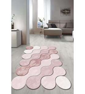 Dijital Baskılı Kaymaz Taban Yıkanabilir Lazer Kesim Salon Halısı Yolluk NLZR-HT-1222 (Pudra-Krem)
