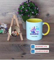 Developer Kupa Bardak Beyaz ve Fotoğraflı Ahşap Anahtarlık Hediye (Model 7)