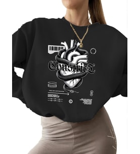 Sweatshirt Bej 3 iplik şardonlu kadın Sıkıştırmak Baskılı unisex erkek kalın Sweatshirt bisiklet (Siyah)