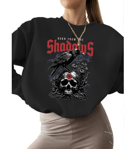3 iplik şardonlu kalın erkek unisex Bej Gölgelerden doğmuş Baskılı bisiklet yaka Sweatshirt (Siyah)