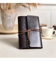Mobgift Yaprak Tasarımlı Retro Deri Defter + Kalem Hediyeli (Koyu Kahverengi )
