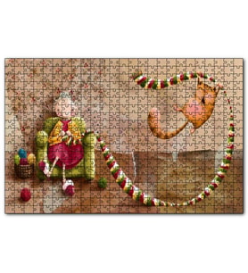 Cakapuzzle Atkı Ören Yaşlı Kadın ve Oynayan Kedisi  Puzzle Yapboz MDF (Ahşap) (500 Parça)