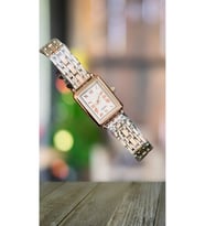 Retro Dikdörtgen Şık Kordon Kadın Kol Saati (Beyaz-Rose Gold)