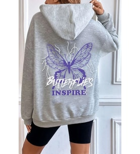 Unisex Butterfly & Letter Graphic Baskılı Sweatshirt (Gri)