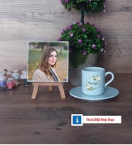 Doğum Günü Hediyesi Fotoğraflı Dekoratif Taş, Ahşap Altlıklı Türk Kahvesi Fincanı Hediye (Model 2)